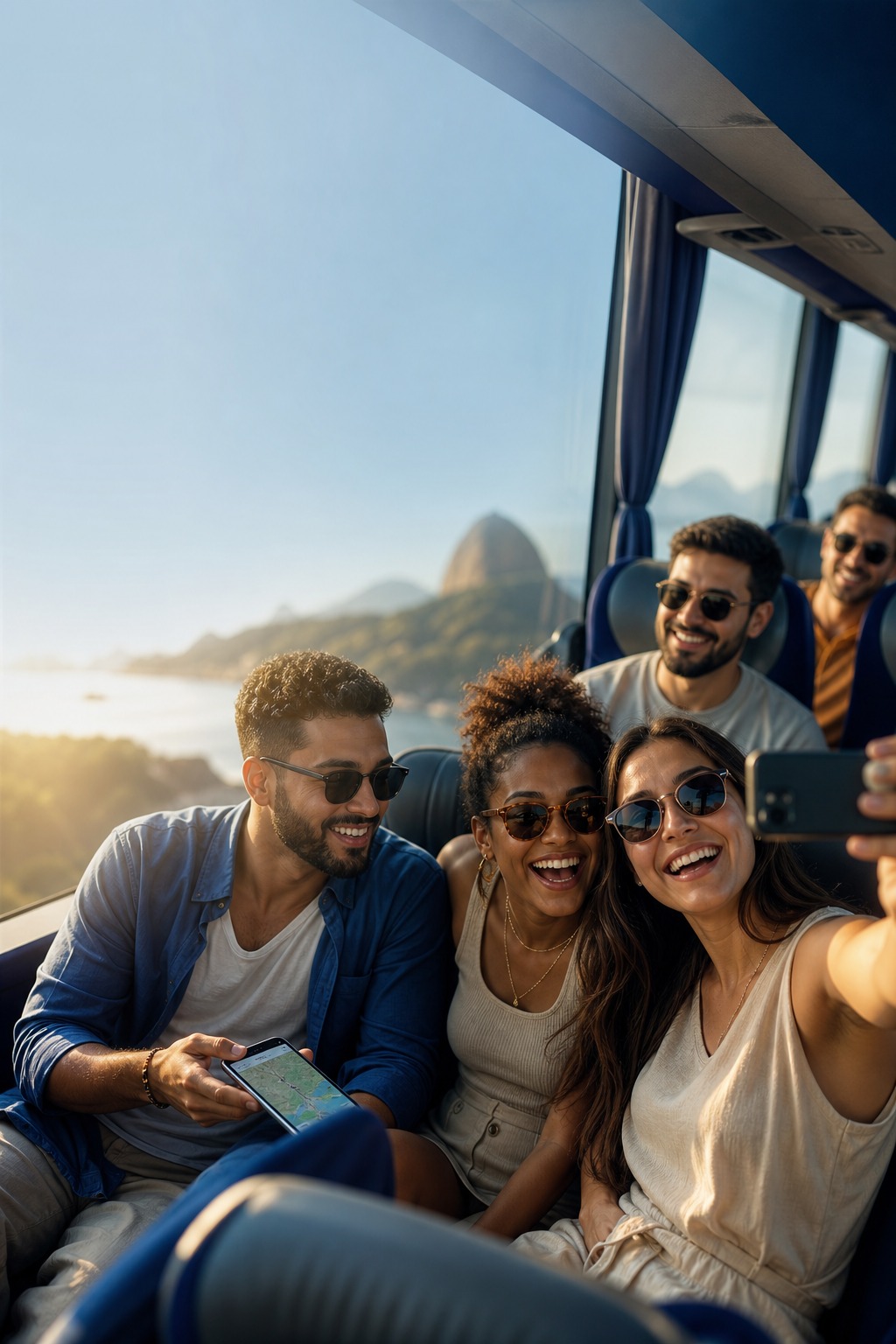 Amigos viajando juntos de ônibus
